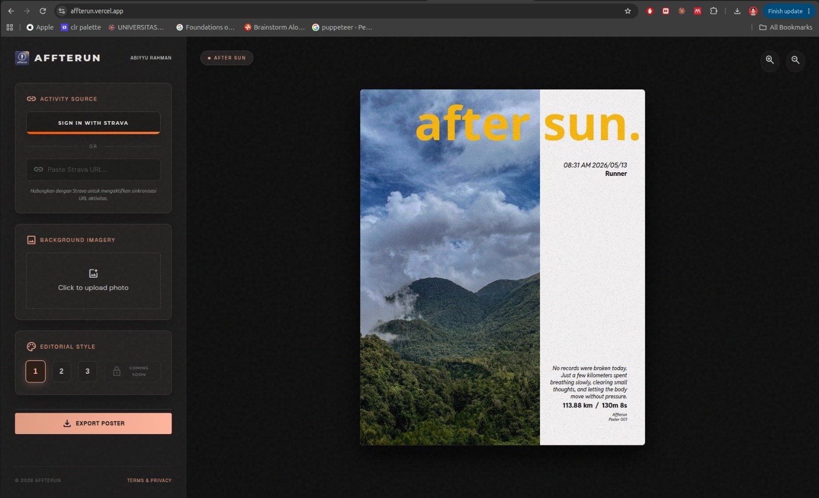 AFFTERUN — Strava sign-in and poster builder
